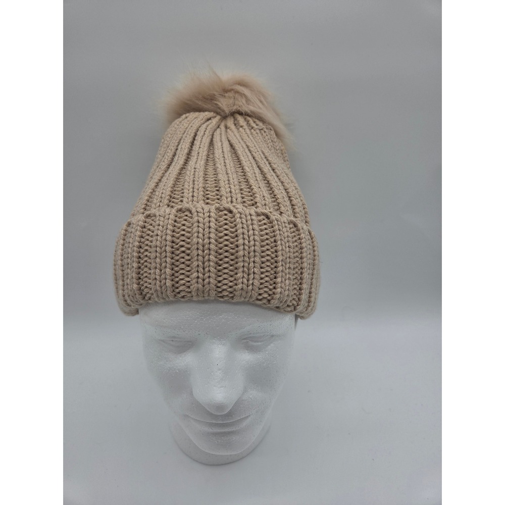 Time and Tru Beanie OS Tan Womens Ribbed Faux Fur Pom Pom Recycled Knit Hat
